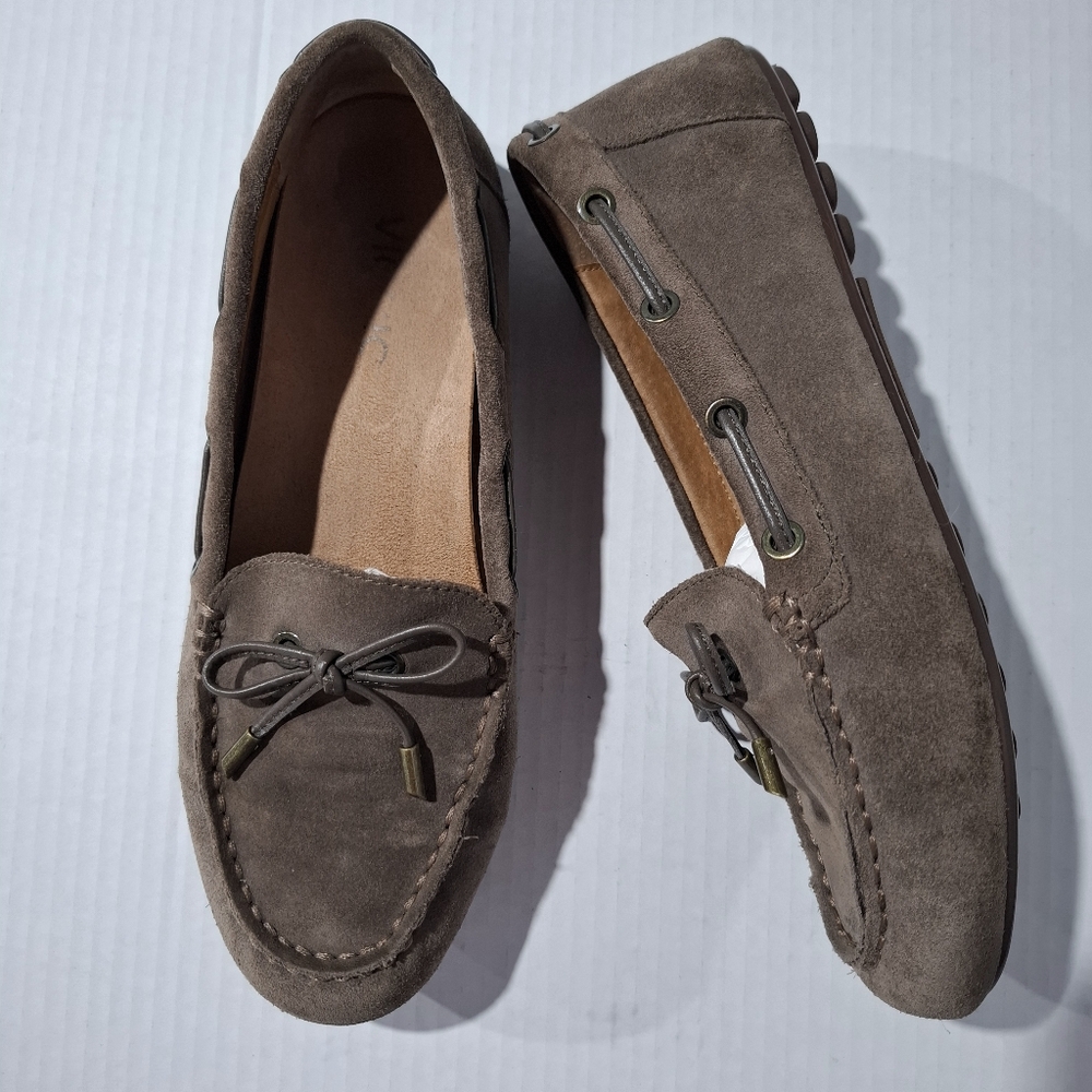 Vionic Taupe Suede Moccasins with Bow Accent